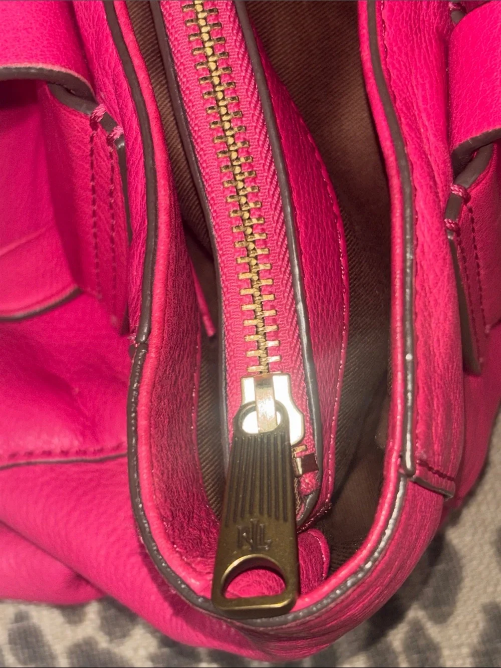 Ralph Lauren bright pink tote slouchy soft leather embossed logo multi pocket